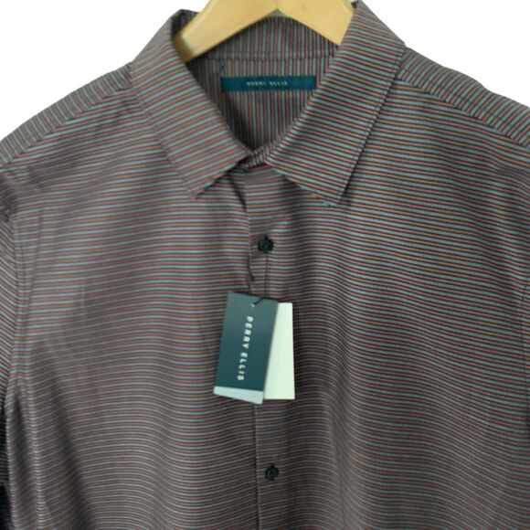 Perry Ellis Mens LS Striped Print Shirt 100% Cotton Dark Sapphire Rust Sz L $79 - Picture 1 of 5